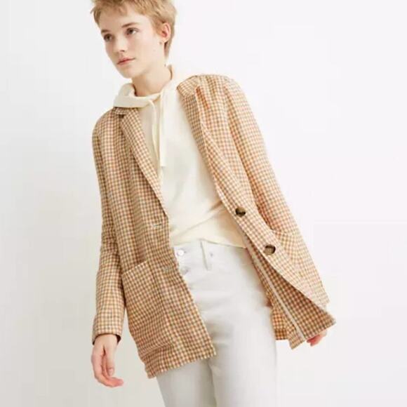MADEWELL Linen Dorset Blazer in Gingham Check Tan White Neutral {3E25} - Picture 2 of 9